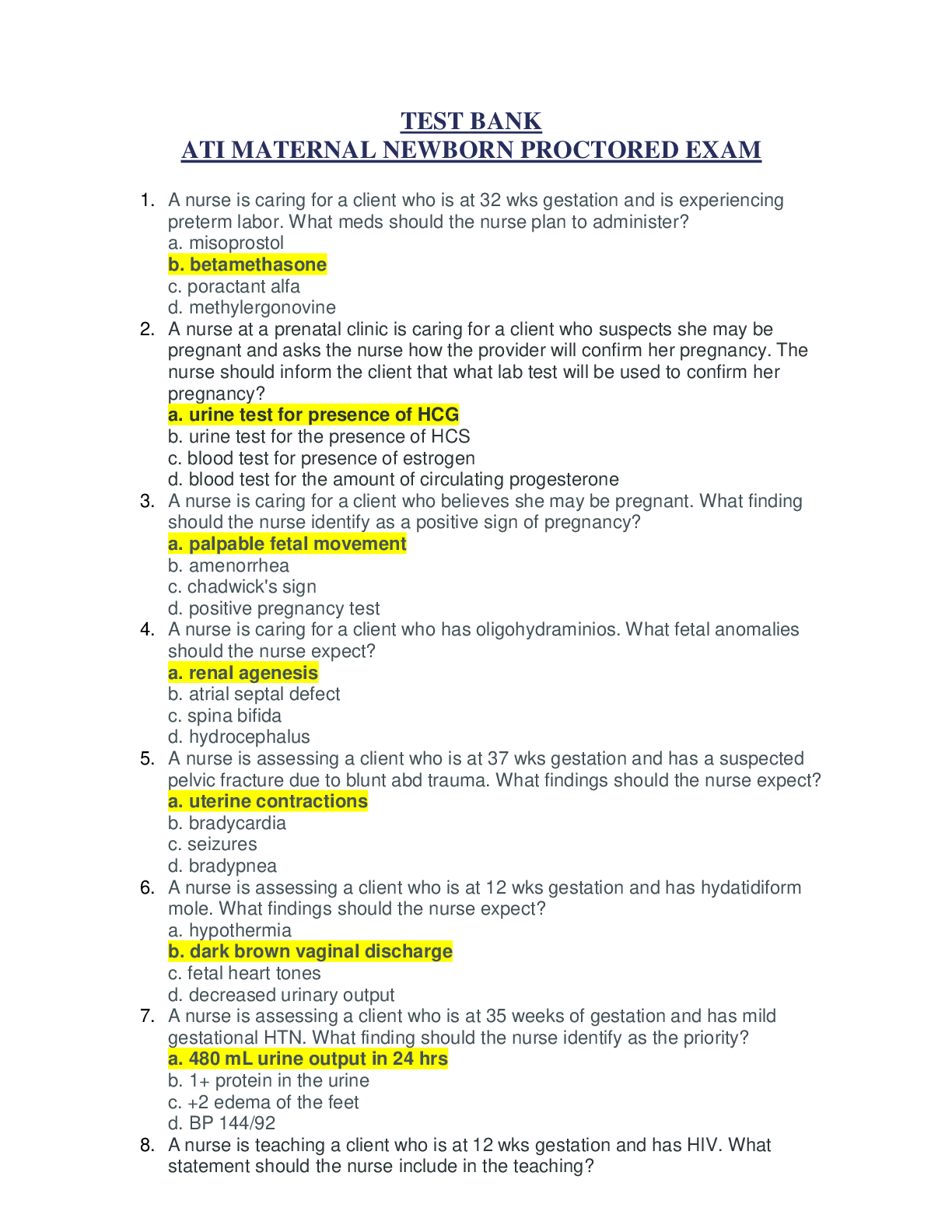 Preview image for ATI MATERNAL NEWBORN PROCTORED EXAM TEST BANK / Latest Updated/Guaranteed A+